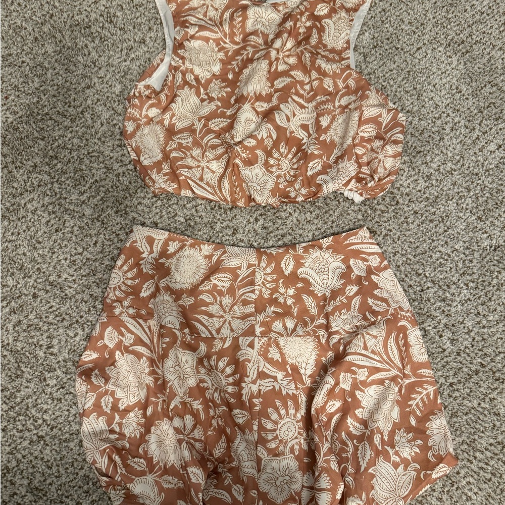 Floral Two-Piece Set in Brown and Cream